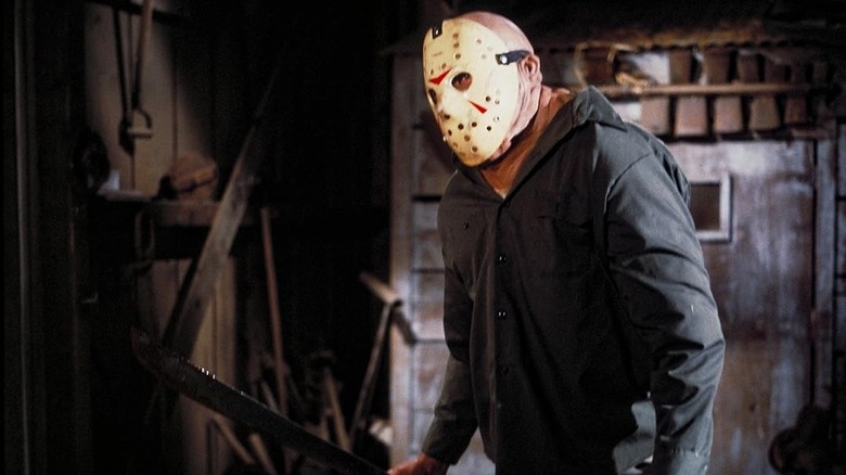 Jason Voorhees with his machete in the barn in Friday the 13th: Part 3