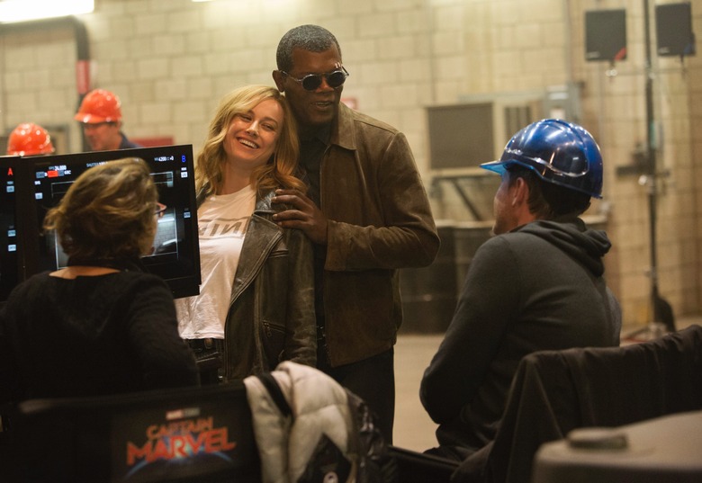 samuel l jackson and brie larson on the set of captain marvel