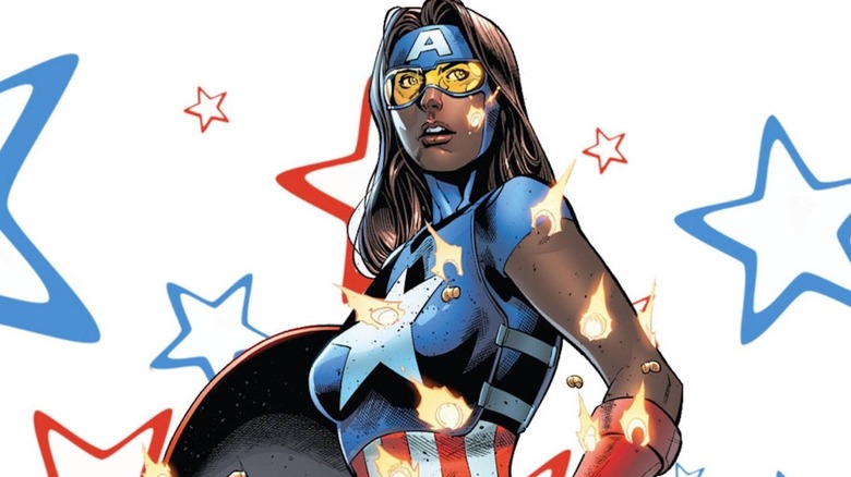 Danielle Cage wearing a Captain America outfit in front of a white background on the cover of a comic book