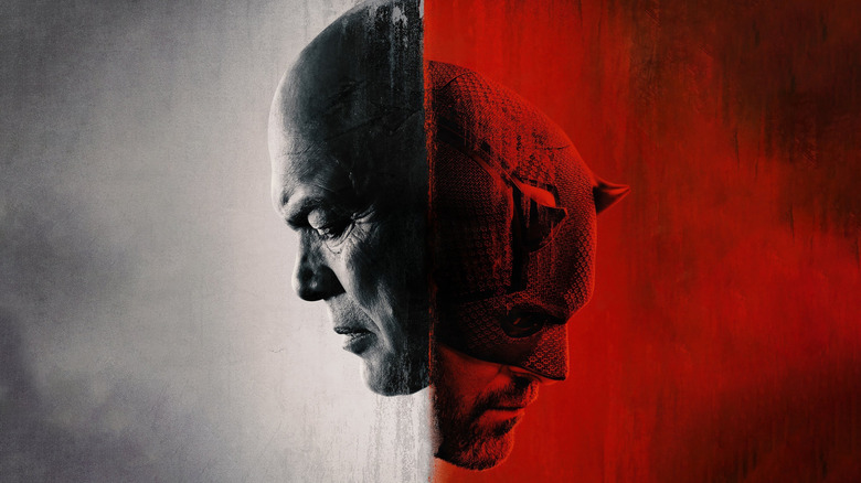 Daredevil: Born Again poster -- red/white divide between Kingpin and Daredevil's headshots