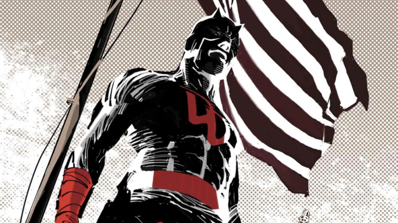 Daredevil #25 cover by Ron Garney - Daredevil in black costume in front of American flag