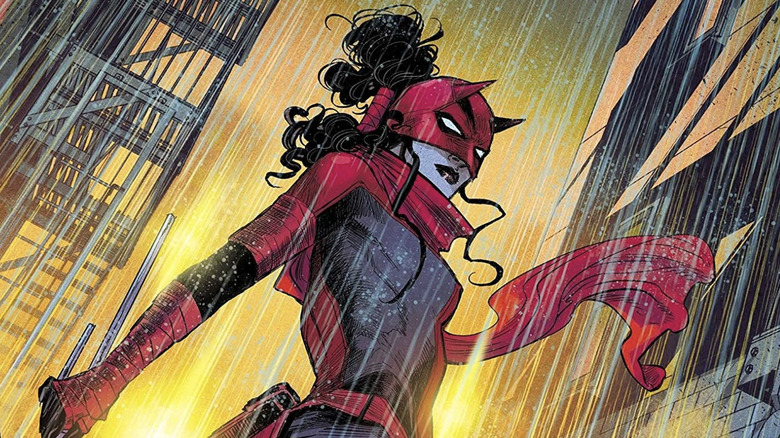 Daredevil #29 cover showing Elektra as Daredevil standing in the rain