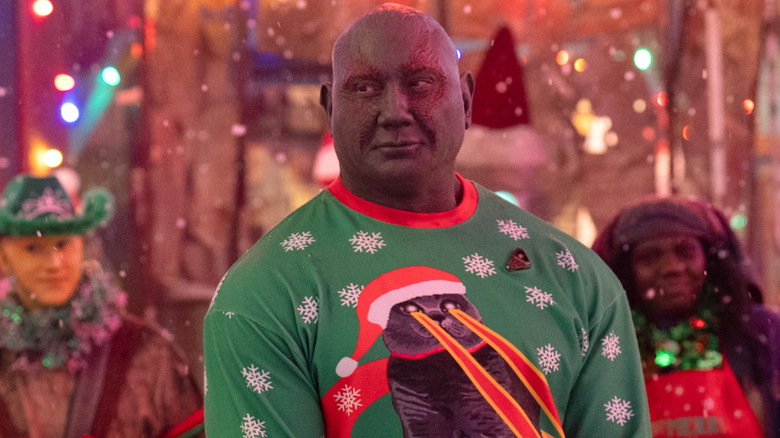 Drax with his sweater in The Guardians of the Galaxy Holiday Special