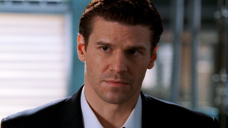 David Boreanaz as Seeley Booth looks across frame in Bones