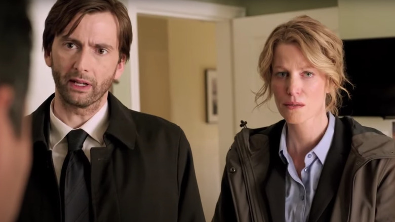 David Tennant's Emmett Carver and Anna Gunn's Ellie Miller looking focused on Gracepoint