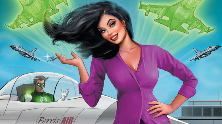 Carol Ferris smiles in front of one of her air planes, with Hal Jordan in the plane