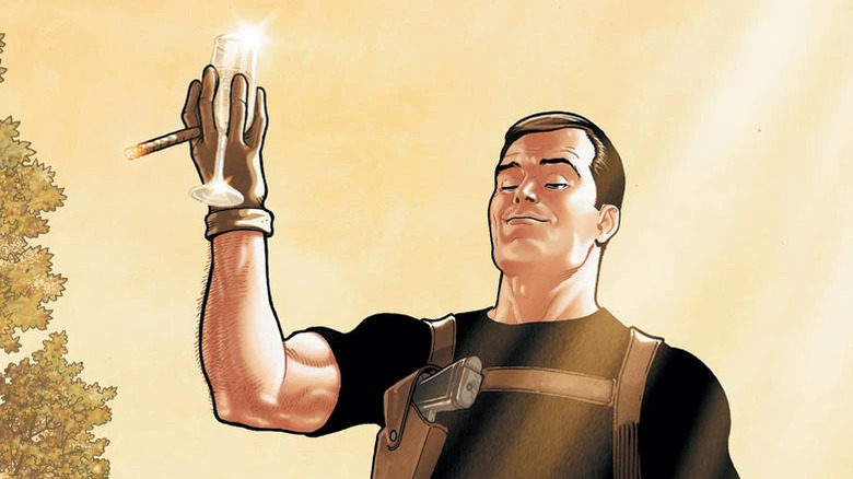 Maxwell Lord toasts with a glass of champagne and a cigarette