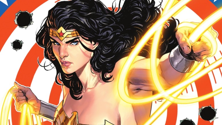 Wonder Woman #3 (2023) cover, showing Diana holding her lasso in front of red white and blue target