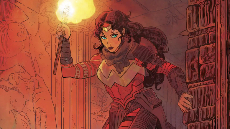 Absolute Wonder Woman #8 cover showing Diana holding torch while walking through labyrinth