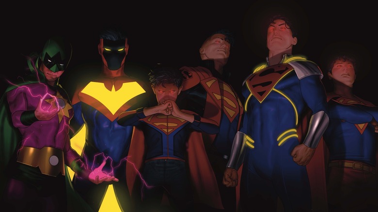 டாரின் கிளார்க்கின் சூப்பர்மேன் #36 கவர், பாய் தண்டர், டுமாரோ மேன், ஜான் கென்ட், கானர் கென்ட், சூப்பர்பாய் பிரைம் மற்றும் கிளார்க் கென்ட் ஆகியவற்றை சூப்பர்பாயாகக் காட்டுகிறது