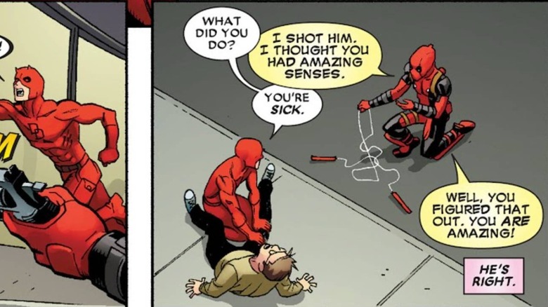 Deadpool making chimichangas with a man tied up in Cooking With Deadpool
