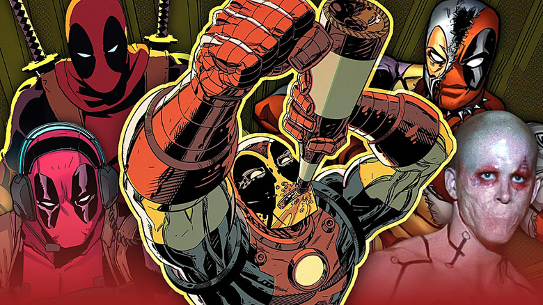 Four Deadpools surrounding another Deadpool drinking alcohol