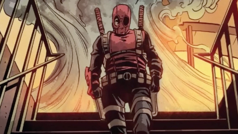 Deadpool walks down stairs in Marvel Comics