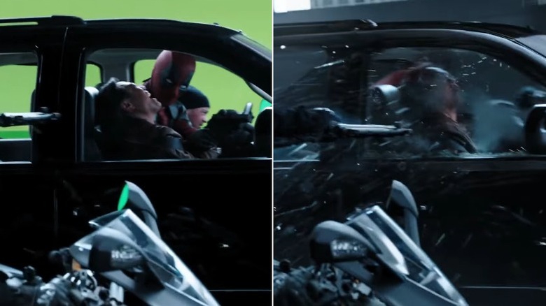 Deadpool being shot at in a car