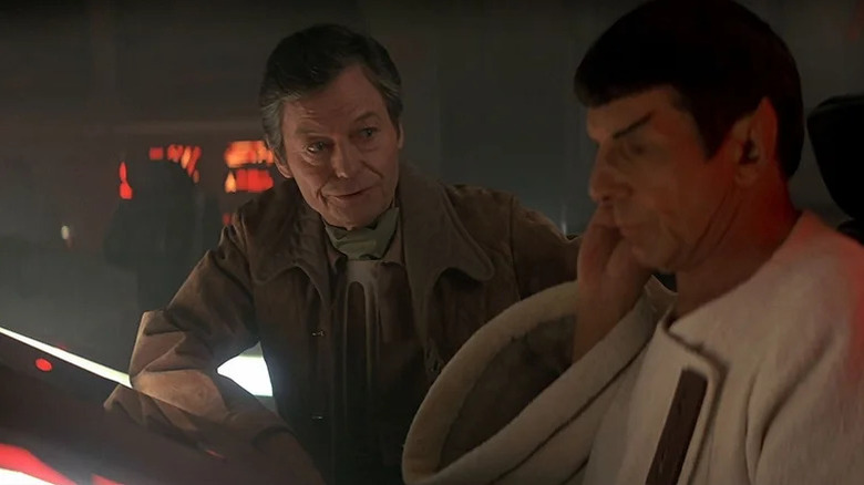 Dr. McCoy smiling at Spock in Star Trek IV: The Voyage Home