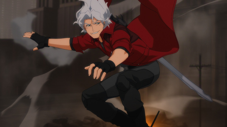Dante sliding off a rock in the middle of a war zone in Devil May Cry
