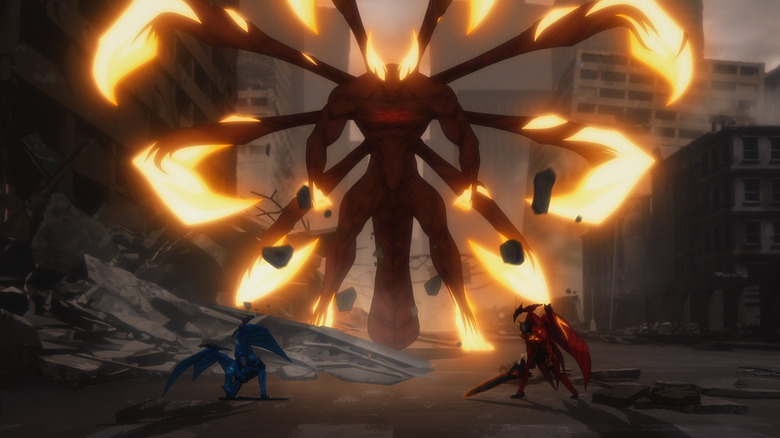 Dante and Vergil in demon form fighting a giant Argosax in Devil May Cry