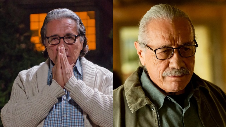 Side-by-side images of Edward James Olmos as James Gellar in Dexter and Felipe Reyes in Mayans M.C..