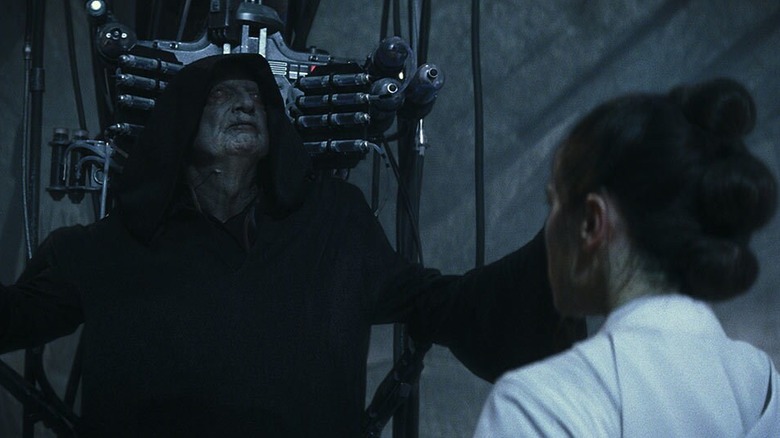 Daisy Ridley as Rey confronting Palpatine before the final battle in Star Wars: The Rise of Skywalker