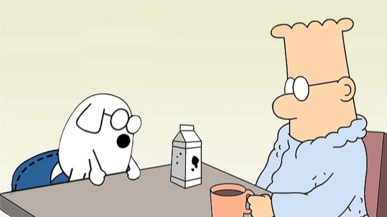 Dilbert has coffee at the kitchen table with Dogbert