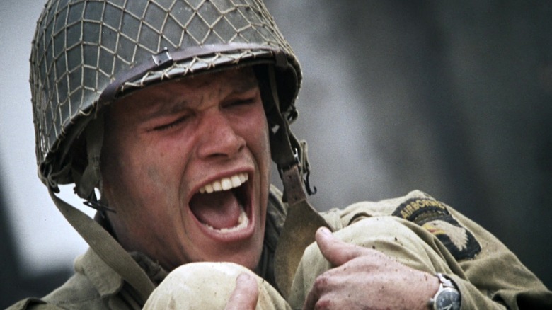 Private Ryan screaming in a helmet in Saving Private Ryan