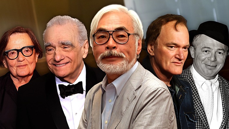 A collage of Agnieszka Holland, Martin Scorsese, Hiyao Miyazaki, Quentin Tarantino, and Billy Wilder standing together