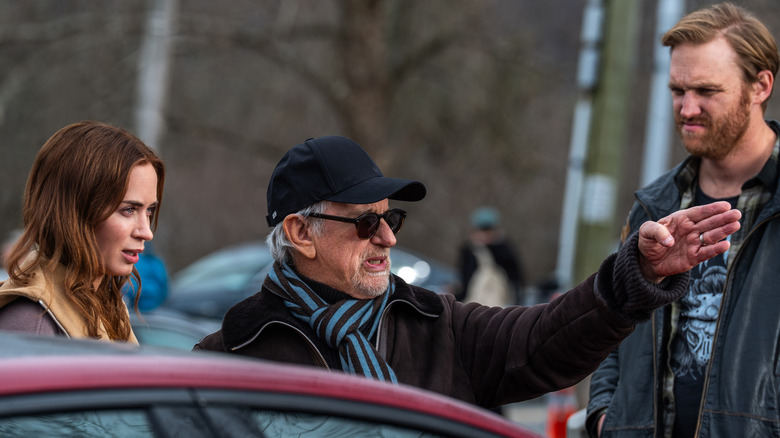 Steven Spielberg directs Emily Blunt and Wyatt Russell on the set of Disclosure Day