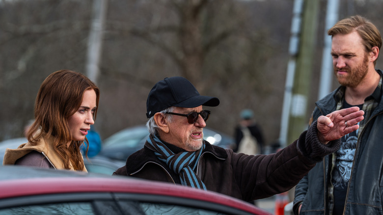 Steven Spielberg directs Emily Blunt and Wyatt Russell on the set of Disclosure Day