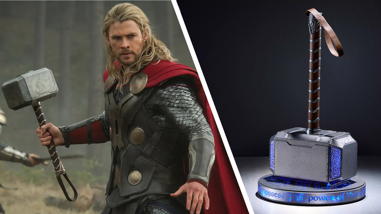 Thor wielding Mjolnir in Thor: The Dark World in a composite image with a prop replica of Mjolnir