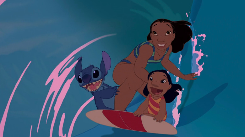 Stitch, Nani, and Lilo surfing
