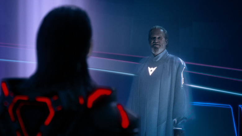 Jeff Bridges as Flynn looking at Jared Leto as Ares in Tron: Ares