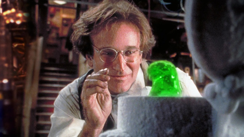 Profesor Brainard melambai ke segumpal flubber yang hidup di Flubber