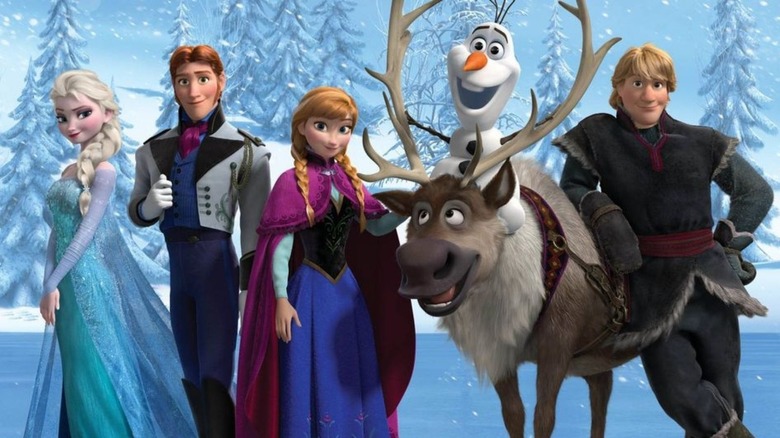 Elsa, Hans, Anna, Sven, Olaf, and Kristoff in Frozen