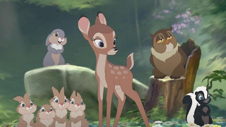 Faline, surrpunded by other woodland creatures in a scene from Bambi II.