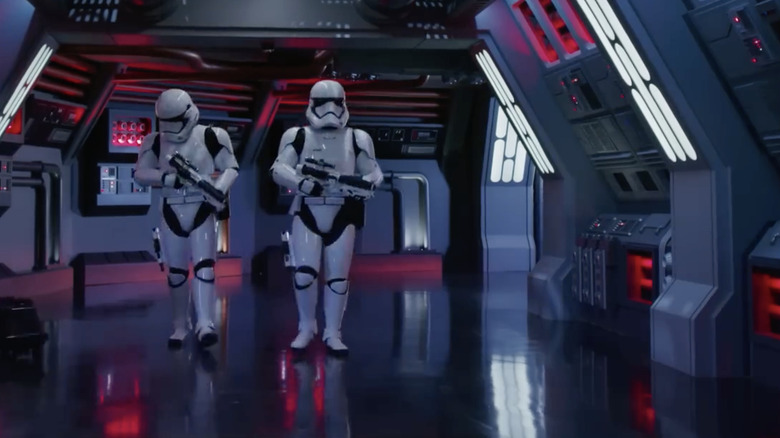 Two First Order Stormtroopers walking in the Galaxy's Edge ride Rise of the Resistance