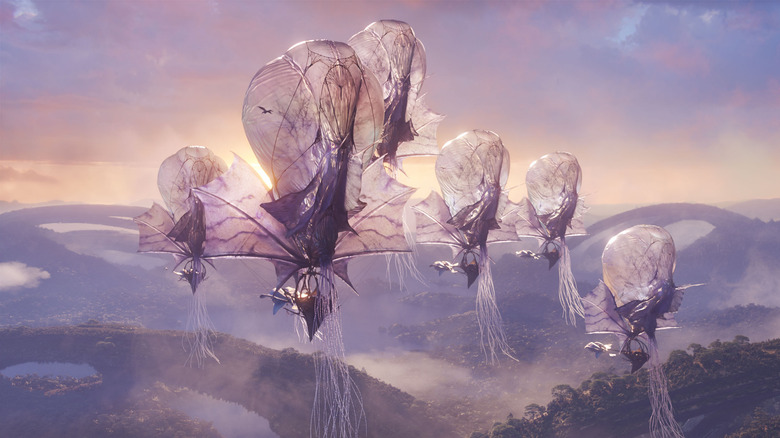 The windtrader clan flying through the skies of Pandora in Avatar: Fire and Ash