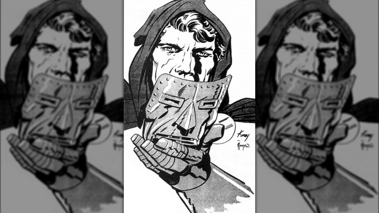 A black and white drawing of Doctor Doom by Jack Kirby