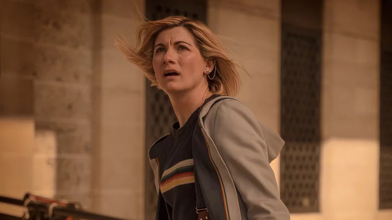 Jodie Whittaker's Doctor looking shocked on Doctor Who