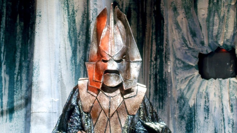 Stephen Thorne as Omega with an intimidating helmet on Doctor Who