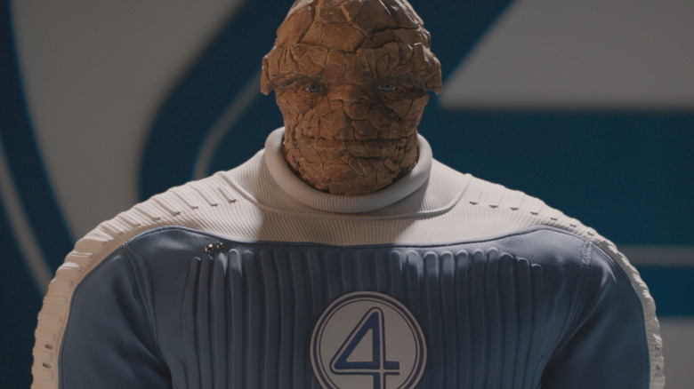 A close up of Ebon Moss-Bachrach as The Thing in his costume in The Fantastic Four: First Steps