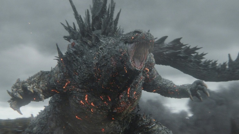 Godzilla roaring as he glows red in Godzilla Minus Zero