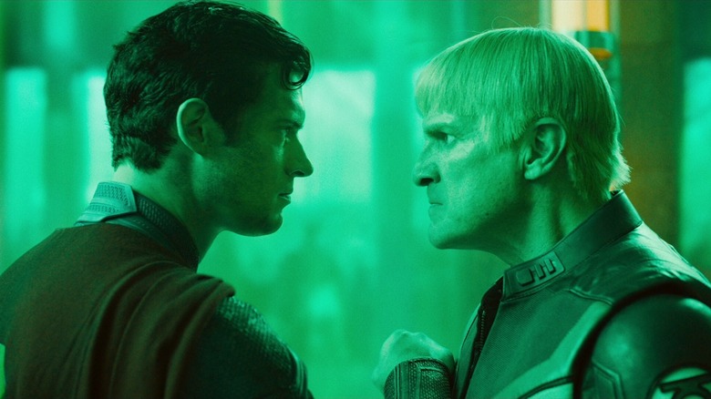 David Corenswet as Superman coming face to face with Nathon Fillion as Green Lantern in Superman