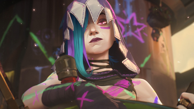 Jinx holding a gun with a hood on in Arcane