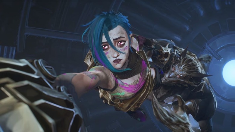 Jinx holds on to dear life while Vander tries to pull her down in Arcane