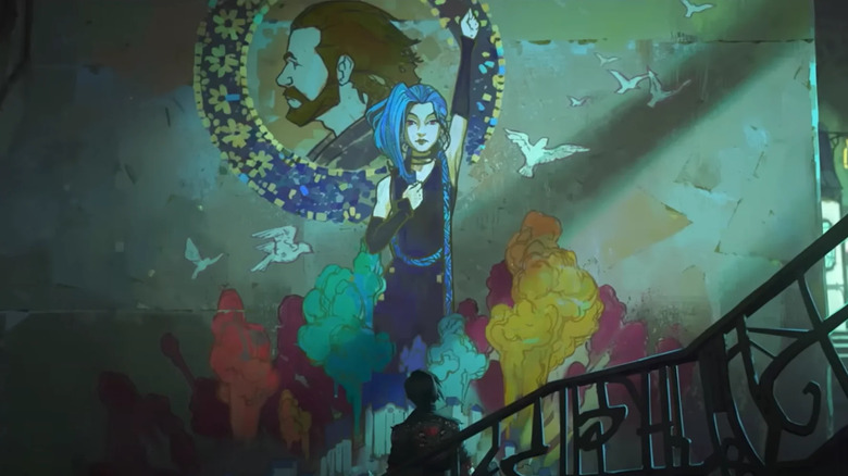 A mural depicting Jinx and Vander like heroes in Arcane