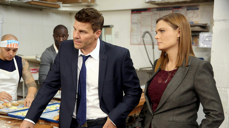 Seeley Booth and Temperance "Bones" Brennan hanging out in a bakery