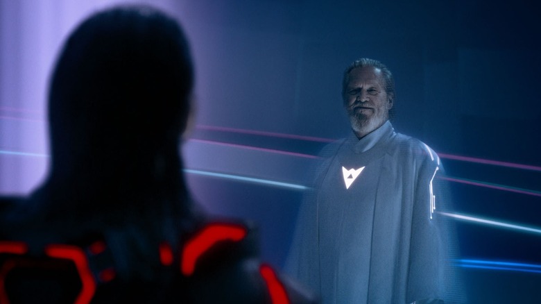 Jeff Bridges as Flynn staring at Jared Leto as the Program in Tron: Ares