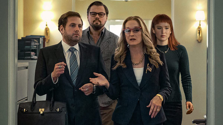 Jonah Hill, Leo DiCaprio, Meryl Streep, and Jennifer Lawrence in Don't Look Up