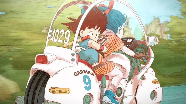 Goku and Bulma riding a Capsule Corp Number 9 bike in Dragon Ball