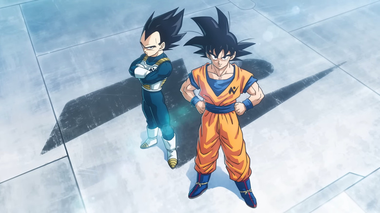 Goku and Vegeta looking tough wearing Galactic Patrol badges in the announcement for Dragon Ball Super: Galactic Patrol